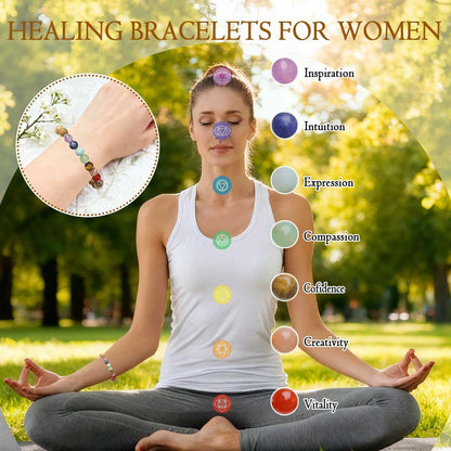 ZaisuiFun 7 Chakra Bracelet for Women, Healing Stones for Anxiety Relief, Spiritual Crystal Energy Bracelet for Meditation, Relaxation Positive Vibes,Black,M