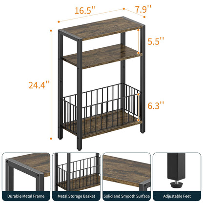 Yoobure Narrow Side Table with Storage Basket, Small End Table for Small Spaces Skinny Side Tables Living Room Bedroom, Slim Nightstand 3 Tier Bedside Table Space-Saving for Magazine, Rustic Brown