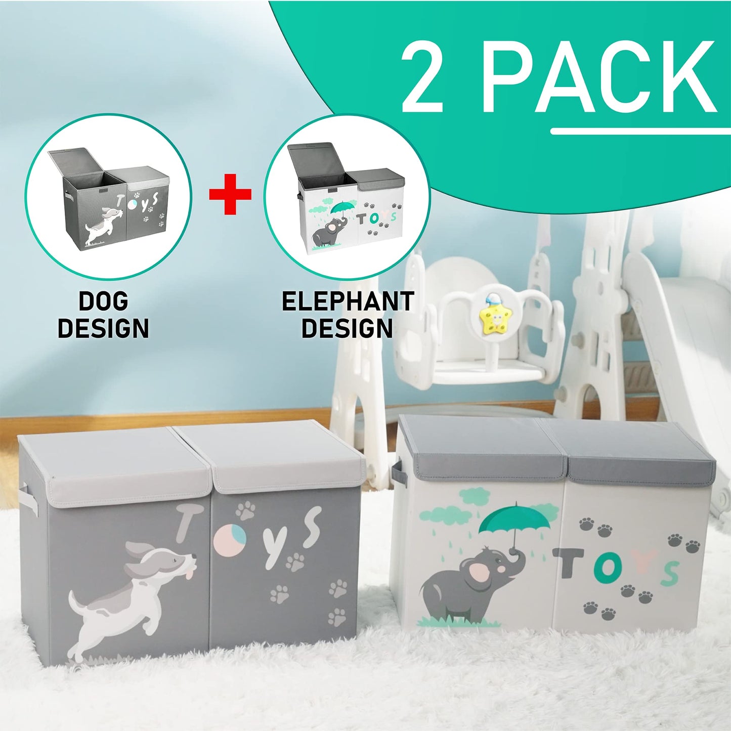 Hula Home Large Toy Box (2pc) - Lightweight Collapsible Sturdy Toy Storage Chest w/Flip-Top Lid & Handles (24.5" x 12" x 16") (Dog & Elephant)