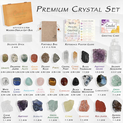 30 PCS Crystals and Stones Set, Natural Raw Healing Crystals and Tumbled Chakra Stones, Premium Protection Crystal Gift Kit Display in Wooden Box with Info Guide, Meditation, Yoga, Home Decor