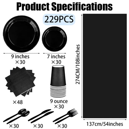 TWOWYHI 229PCS Black Party Supplies Set Paper Disposable Plates Cups Plastic Spoons Forks Knives Black Napkins for 30 Guests Disposable Party Dinnerware Sets for Wedding Birthday Parties