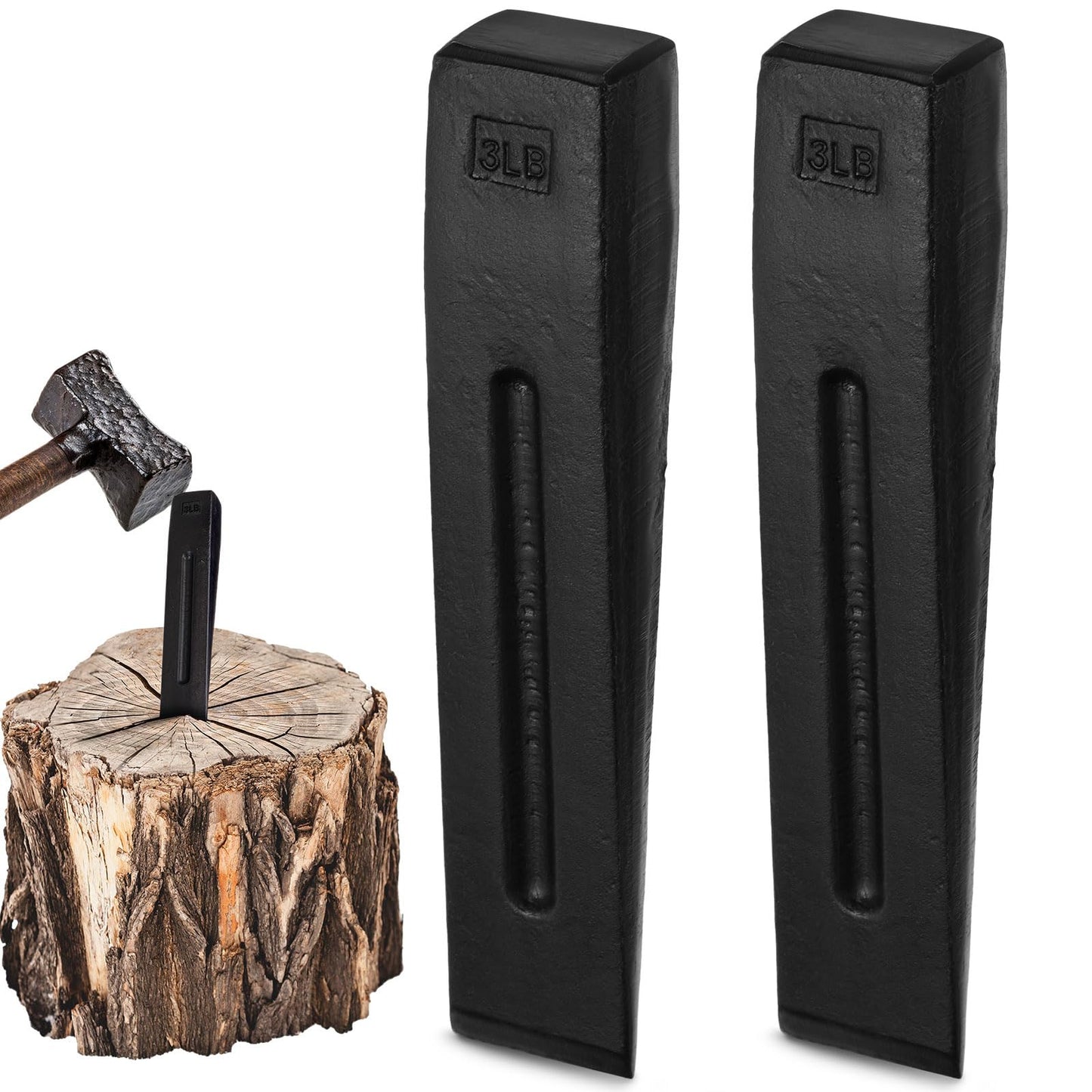 Otoolling 2 Pcs Manual Log Splitter Wedge Wood Splitting Wedges for Firewood 2 Way Black Design Forged Steel Tool for Easy Wood Splitting Sharpened Edge for Outdoor Logging Chopping(3 Lbs)