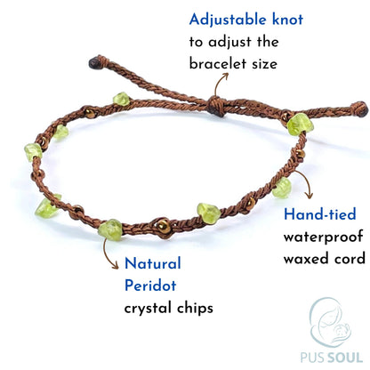 PusSoul Handmade Peridot Small Crystal Bracelet (6.5-7.5'') - Adjustable & Plus Size, Natural Healing Crystal Chips, Waterproof, Chakra Beaded - Unusual Jewelry for Women, Girl & Friendship from