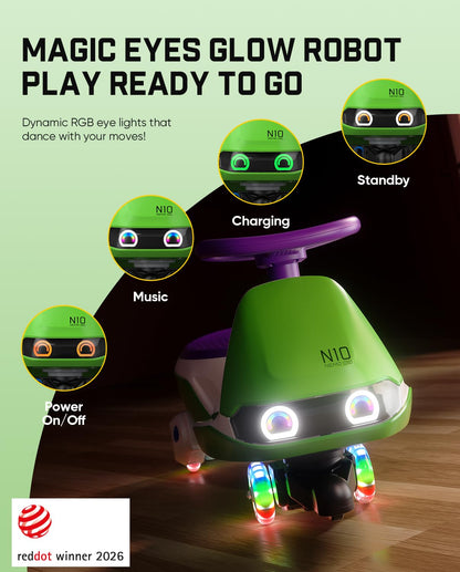 FanttikRide N10 Pro Electric Wiggle Car, USB-C Fast Charging, One-Click Detachable Mop, RGB Eye Lights, Flashing Wheels, Bluetooth, Anti-Rollover, GlideWiz, Ride on Toys for Ages 3+, 150 Lbs, Green