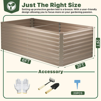DTIG Galvanized Raised Garden Bed for Vegetables Flowers Herbs, Tall Metal Raised Garden Bed Kit with Garden Tools, Gloves, Plant Labels, Brown 6×3×2FT