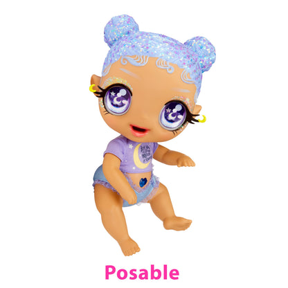 MGA Entertainment Glitter Babyz Selena Stargazer Baby Doll 3 Magical Color Changes, Pastel Purple Glitter Hair, Moon & Stars Outfit, Diaper, Bottle, Pacifier Accessories Gift for Kids, Ages 3 4 5+