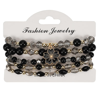 LOTSOF Boho Flower Beaded Bracelet Set for Women - Multilayer Crystal & Flower Charm Stackable Bracelets, Fashion Jewelry Gift for Her (Black)