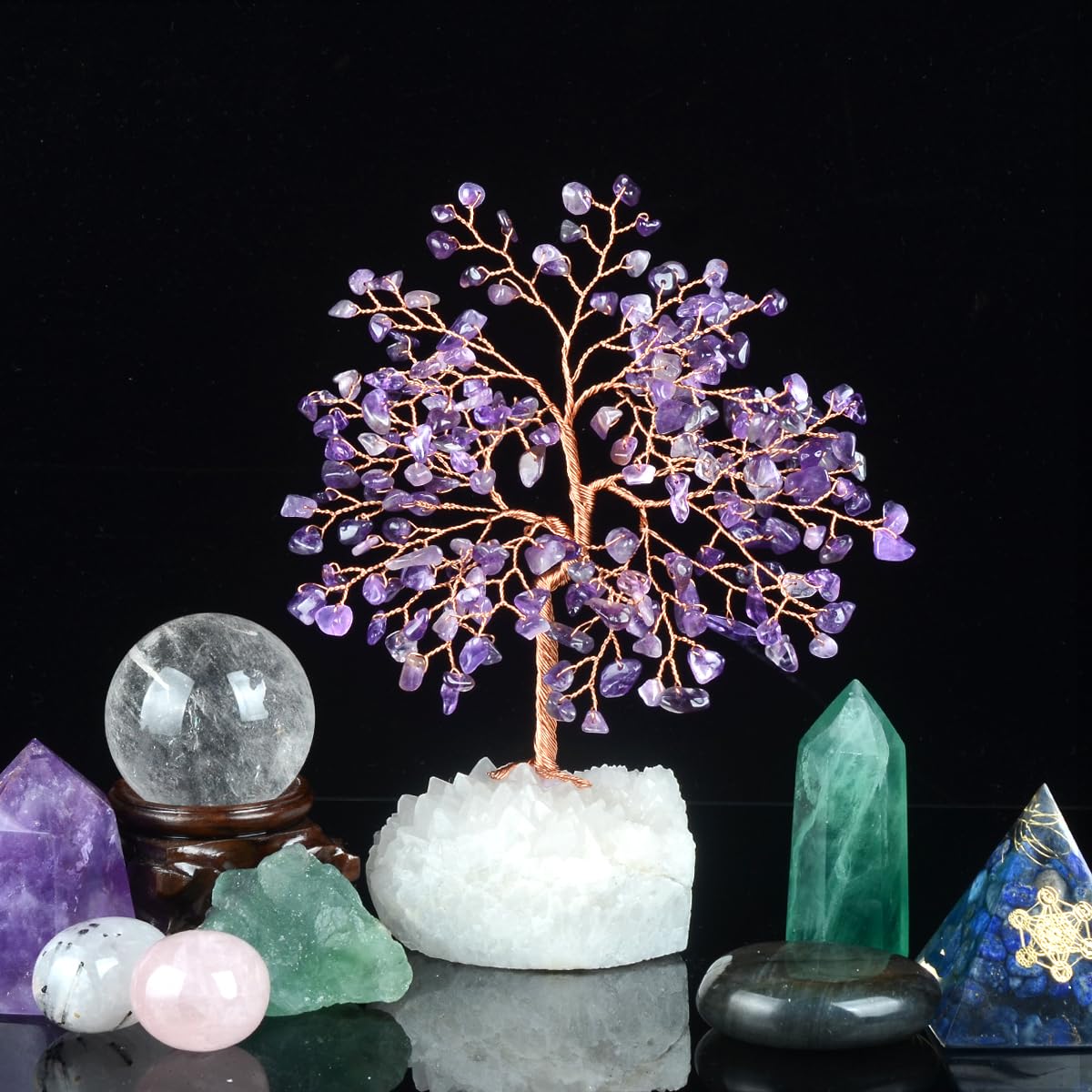 MASGEMES Natural Amethyst Crystal Tree of Life,Clear Quartz Cluster Base,Healing Crystals Positive Energy Gem Money Tree Bonsai,Feng Shui Decor,Spriture Gift Size 5.5"-6.3"