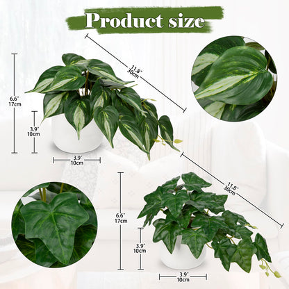 GnFlus Fake Plants Set of 2 Artificial Plants Faux Ivy Pothos with White Ceramic Pots Fake Potted Plants Artificial Decor for Home Bathroom Shelf Desk Indoor