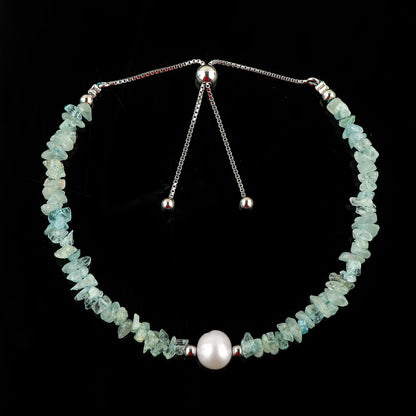 CRYSTALIS Natural Aquamarine Beads Slider Bolo Bracelet with Elegant Pearl, Uncut Chips Nuggets Crystals, Chakra Healing Gemstone, Women Jewelry, 925 Sterling Silver Slider 10 inch