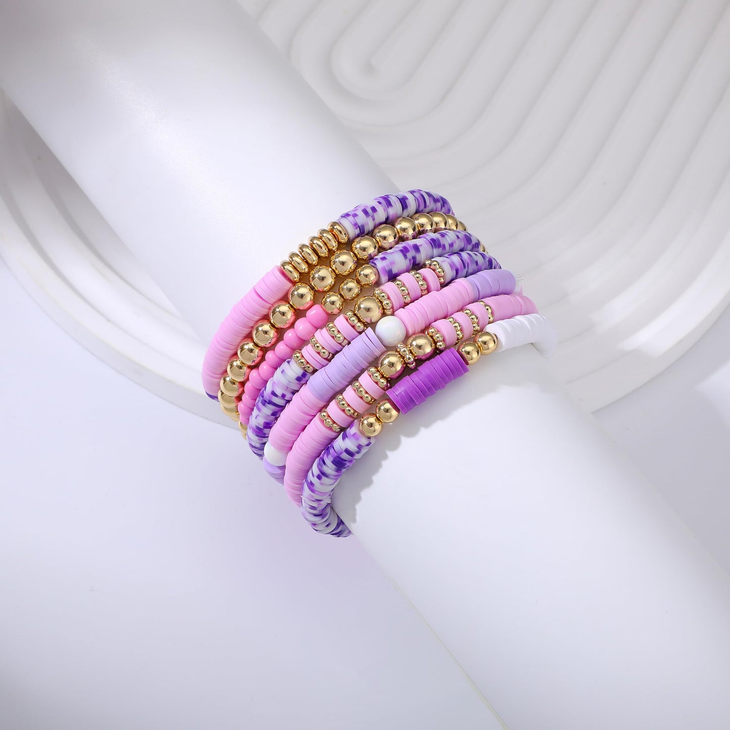 RISHEGAE Heishi Beaded Stretch Bracelets for Women Stackable Gold Polymer Clay Beads Bracelets Friendship Boho Summer Beach Bracelet Jewelry Set (F-H purple)