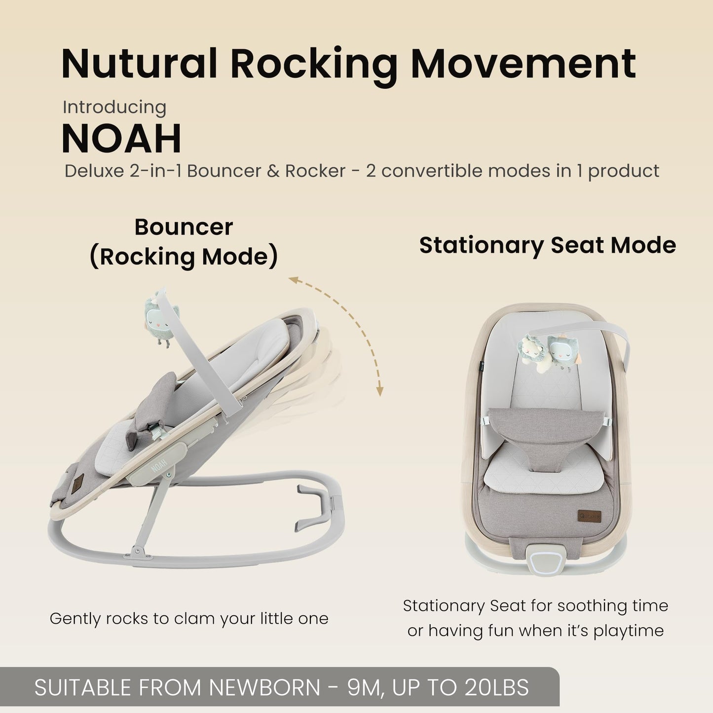 Qutanix 2-in-1 Baby Bouncer & Rocker,Portable Baby Bouncer Seat for Babies 0-9 Months, Baby Rocking Chair with 3 Reclining Positions,Wood Accents,Soft Newborn Insert - Beige