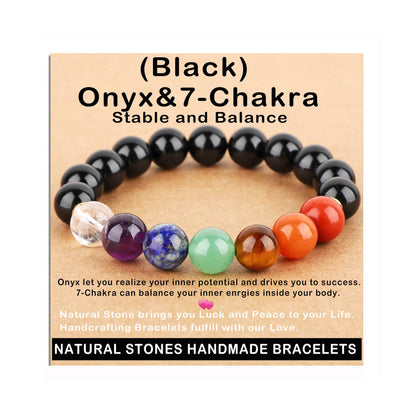 AD Beads Handmade Gemstone Stretch Elastic Bracelet Crystal Healing Reiki Nature's Beauty and Spiritual Essence Unisex (10mm, Onyx & 7-Chakra (Stable and Balance))