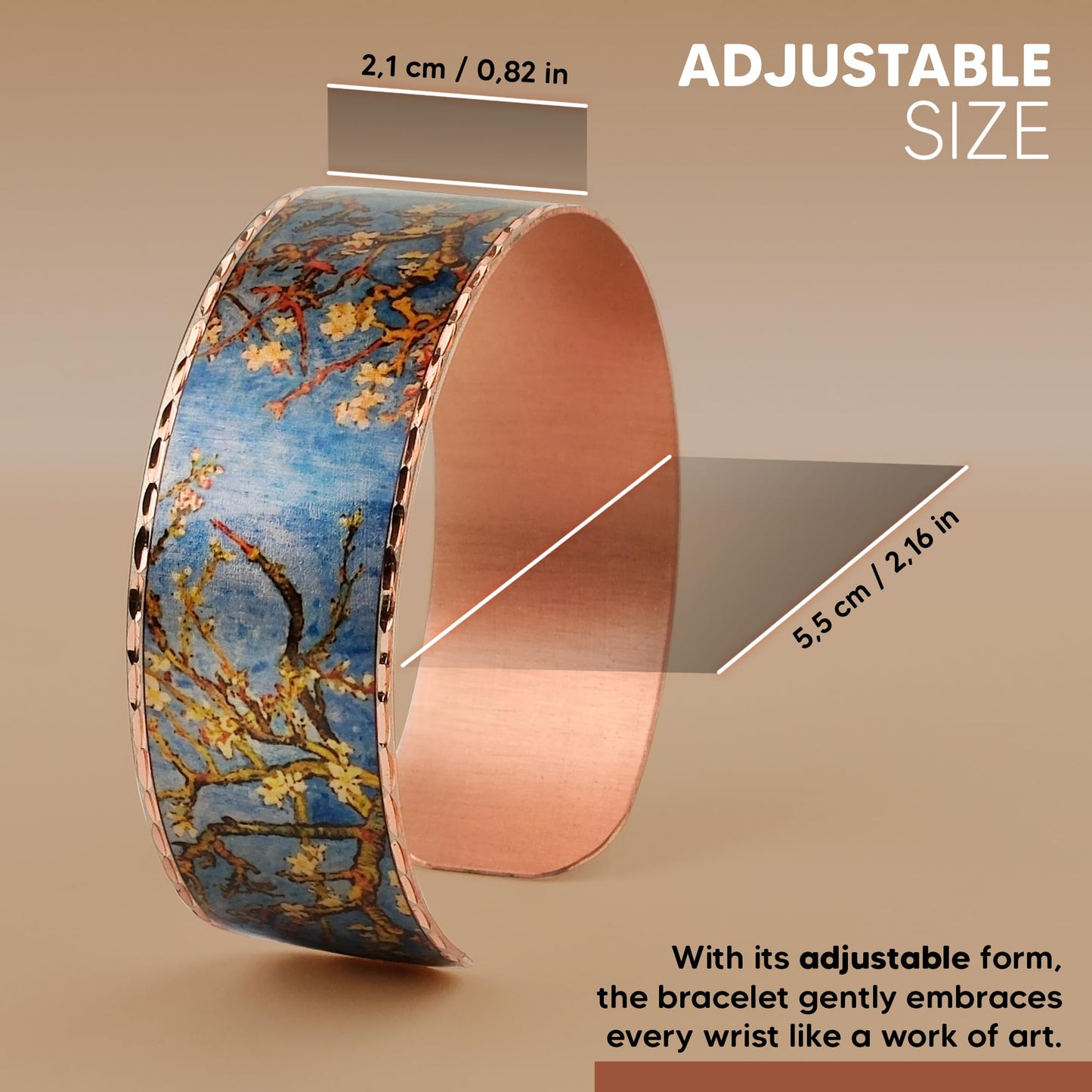 Moreni Copper Bracelet for Women – Handmade Engraved Cuff Inspired by “Almond Blossom” – Artistic Pure Copper Jewelry with Gift Wooden Box