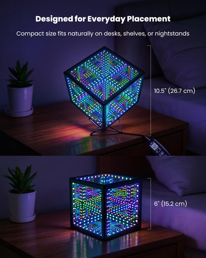 Nobiggie Infinity Mirror Cube Ambient Lighting, 3D Deep Space RGB LED Mood Light with Music Rhythm Sync, Futuristic Hypercube Decor for Home, Bedroom & Living Room (Space Black, Plus - 6 Inch)