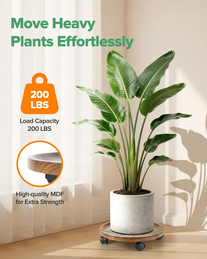 AZADESJET 2 Pack Plant Caddy with Wheels, 14" Wood Rolling Plant Stand with 360° Lockable Wheels, Plant Stands Outdoor for Large Plants, Flower Cart Plant Dolly Plant Caster for Heavy Objects, Walnut