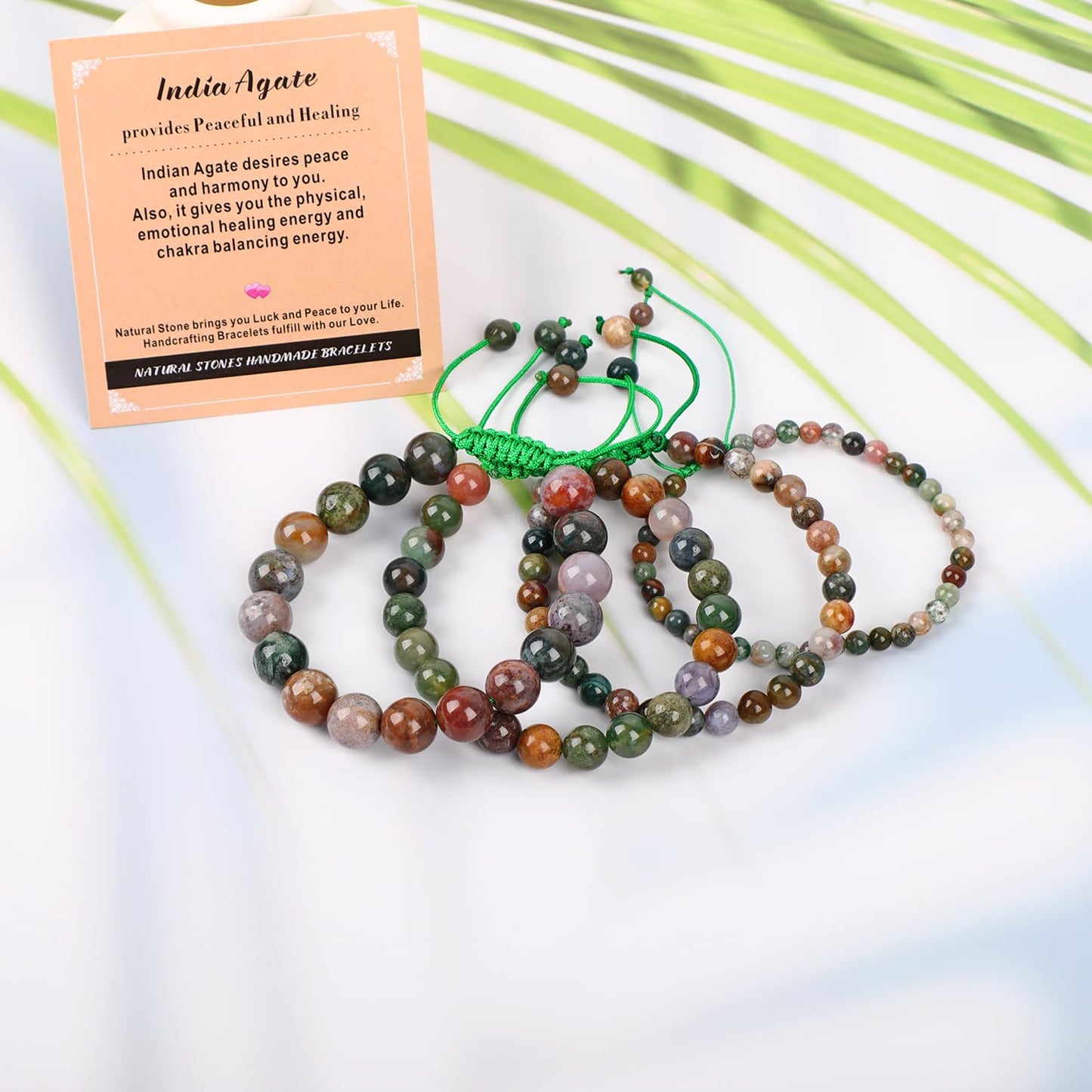 AD Beads 4mm India Agate - Peaceful - Handmade Natural Stone Crystal Bracelet with Adjustable Macrame String - Yoga Healing Power Energy Gifts for Men and Women