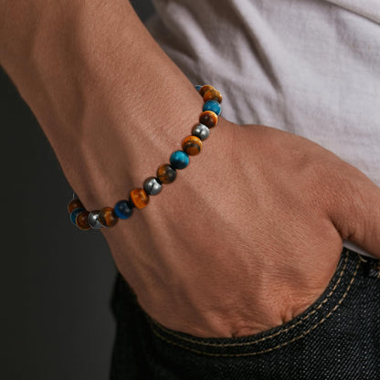 Gnamy Triple Protection Beaded Bracelet Gifts for Men, Bule Tiger Eye Hematite Bracelets Christmas Birthday Valentines Anniversary Healing Sobriety Jewelry Gifts for Husband Dad Boyfriend Brother Him