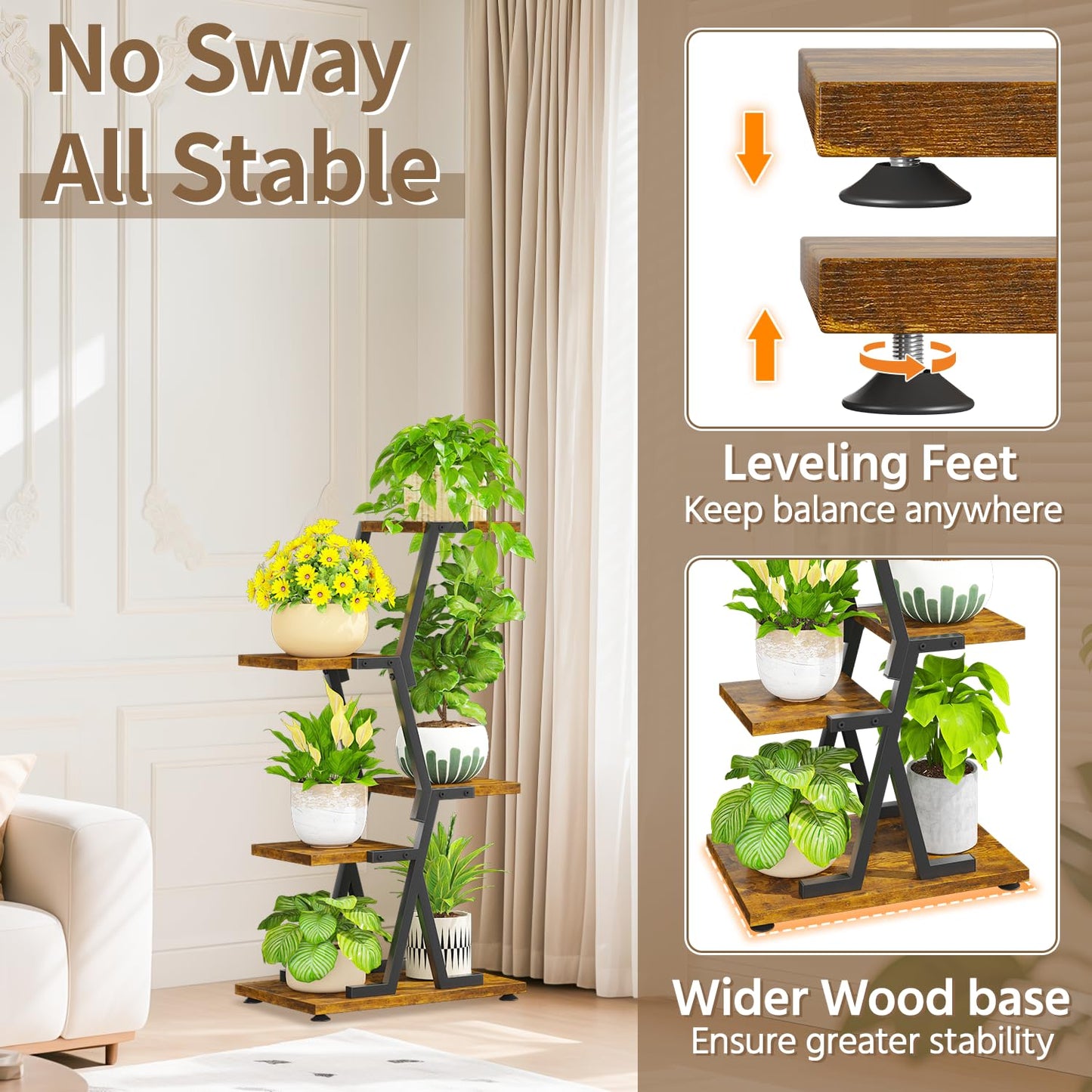 LASZOLA 4 Tier Tall Wood and Metal Plant Stand Indoor for Heavy Duty Planter, Large Multi Level Vertical Flower Shelf for Narrow Corner, Sturdy Rustic Rack Holder for House Patio, Space Saving, Black