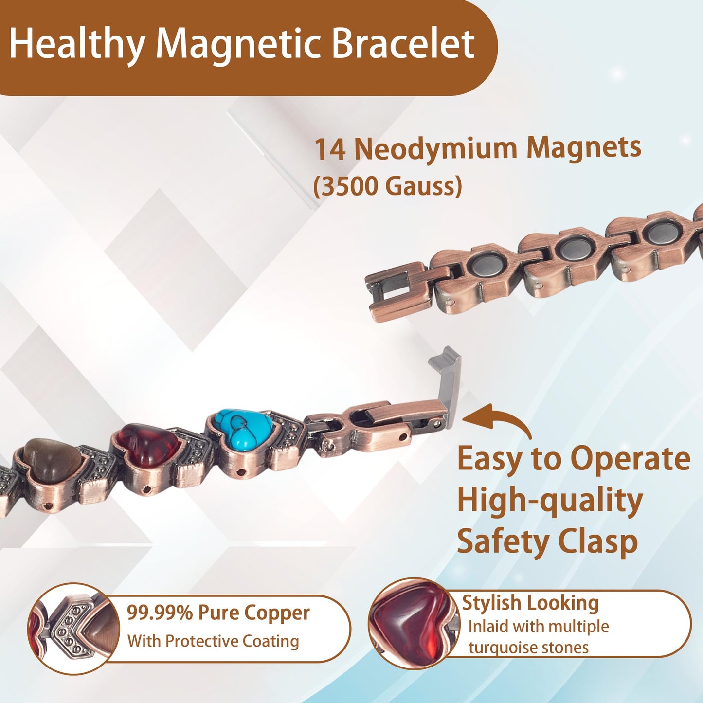 EnerCoppeX Copper Magnetic Bracelet for Women, Turquoise Detox Jewelry with 3500 Gauss Magnet (Type D)