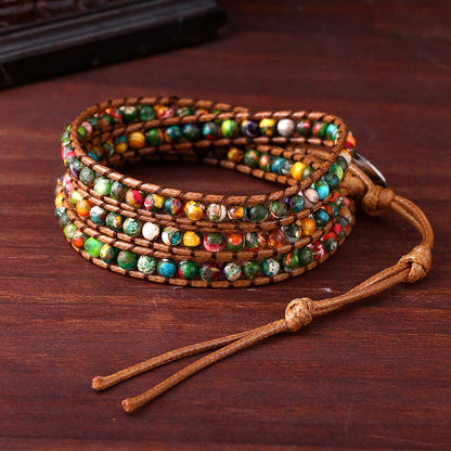 Plumiss Women Natural Imperial Jasper Beaded Vegan 3 Wrap Stackable Bracelet