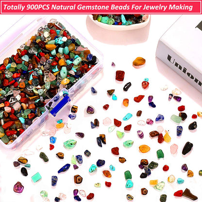 Beads for Jewelry Making, 900PCS Natural Crystal Gemstone Chip Loose Beads Irregular Rock Bulk Beads with Plastic Box for Bracelet Jewelry Making DIY Supplies (15 Colors - 900PCS)