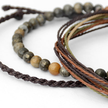 Handmade Natural Stone Beaded Healing Bracelet Gift for Men Adjustable Rope String Bracelet (Pyrite associated with brown quartz ore)