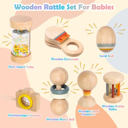 Montessori Wooden Baby Toys 7-in-1 Sensory Set for Babies 0–12 Months, Rain Sound Tube & Rattle Roller, Sensory Musical Gift for Baby Boys and Girls with Storage Bag
