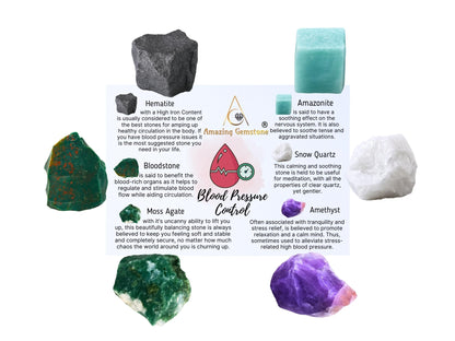 Amazing Gemstone Crystals for Blood Pressure Control, Set of 6 Blood Stone, Hematite, Moss Agate, Amazonite, Snow Quartz and Amethyst Healing Crystals and Stones
