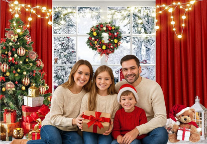 Christmas Window Backdrop 7x5ft Red Curtain Photography Backdrop Winter Xmas Party Banner Decorations Background Xmas Holiday Party Photo Booth D649