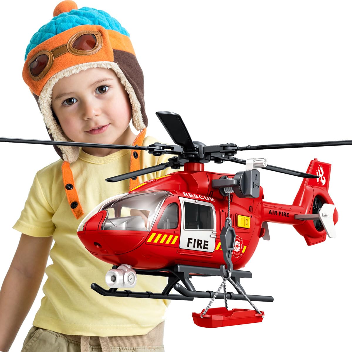 Fire Rescue Helicopter Toys for Boys with Hanging Basket Toy Airplane with Lights and Sound Firefighting Vehicles Toys for Kids Aged 3 4 5 6 7