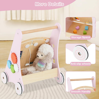 INFANS Wooden Baby Walker, Montessori Walker with Multiple Activity Toys, Storage, Push Walker Toys for Infant Learning to Walk, Sit to Stand Walker for Boys Girls