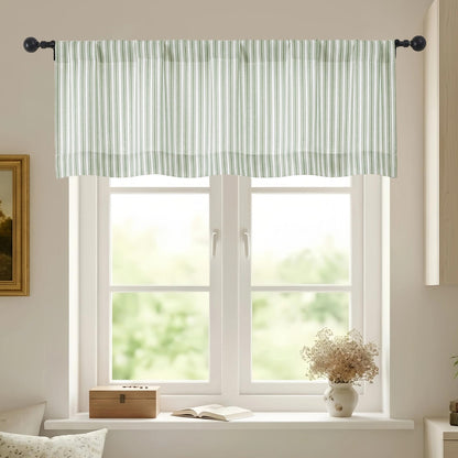 Chyhomenyc Striped Valances for Windows - Light Filtering Faux Linen Small Kitchen Valance Curtains, Boho Ticking Stripe Rod Pocket Farmhouse Valance for Living Room, 52Wx14L, 2 Pieces, Sage Green