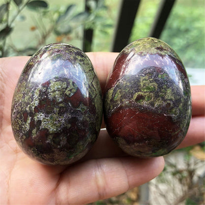 Fekuar Stone Egg Figurine, Polished Healing Crystal Easter Eggs Sphere Sculpture with Wood Stand, Natural Dragon Bloodstone, 1.8"
