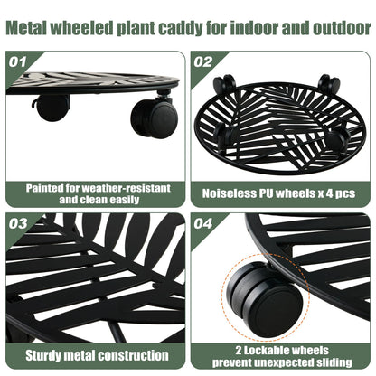 3 Packs Large Metal Plant Caddy with Wheels 13" Rolling Plant Stands Heavy-duty Wrought Iron Roller Planter Movers Indoor Outdoor Wheeled Plant Dolly with Casters Tray Coaster, Slender leaves