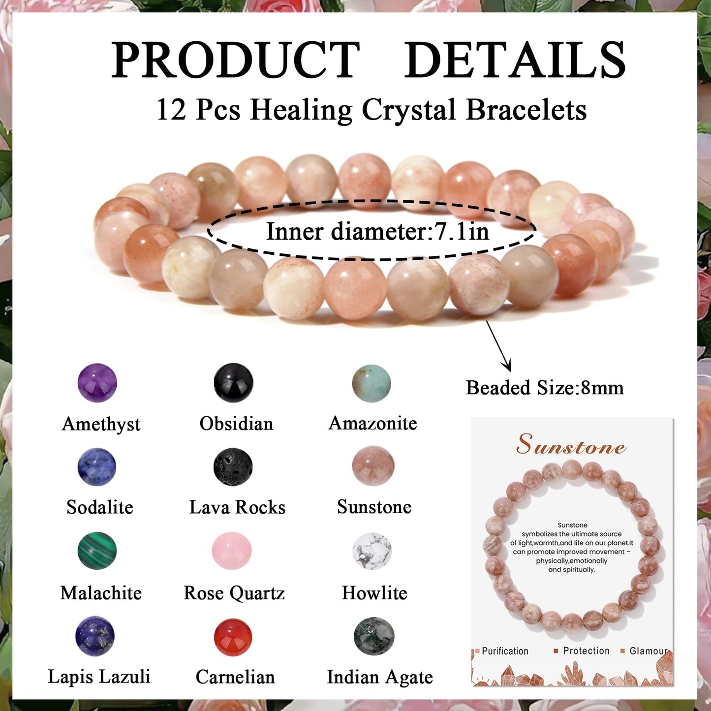 WAINIS 12PCS 8mm Natural Crystal Bracelets for Women Men Semi-Precious Gemstone Beaded Bracelets Round Beads Gemstones Stretch Yoga Bracelet Jewelry Gift