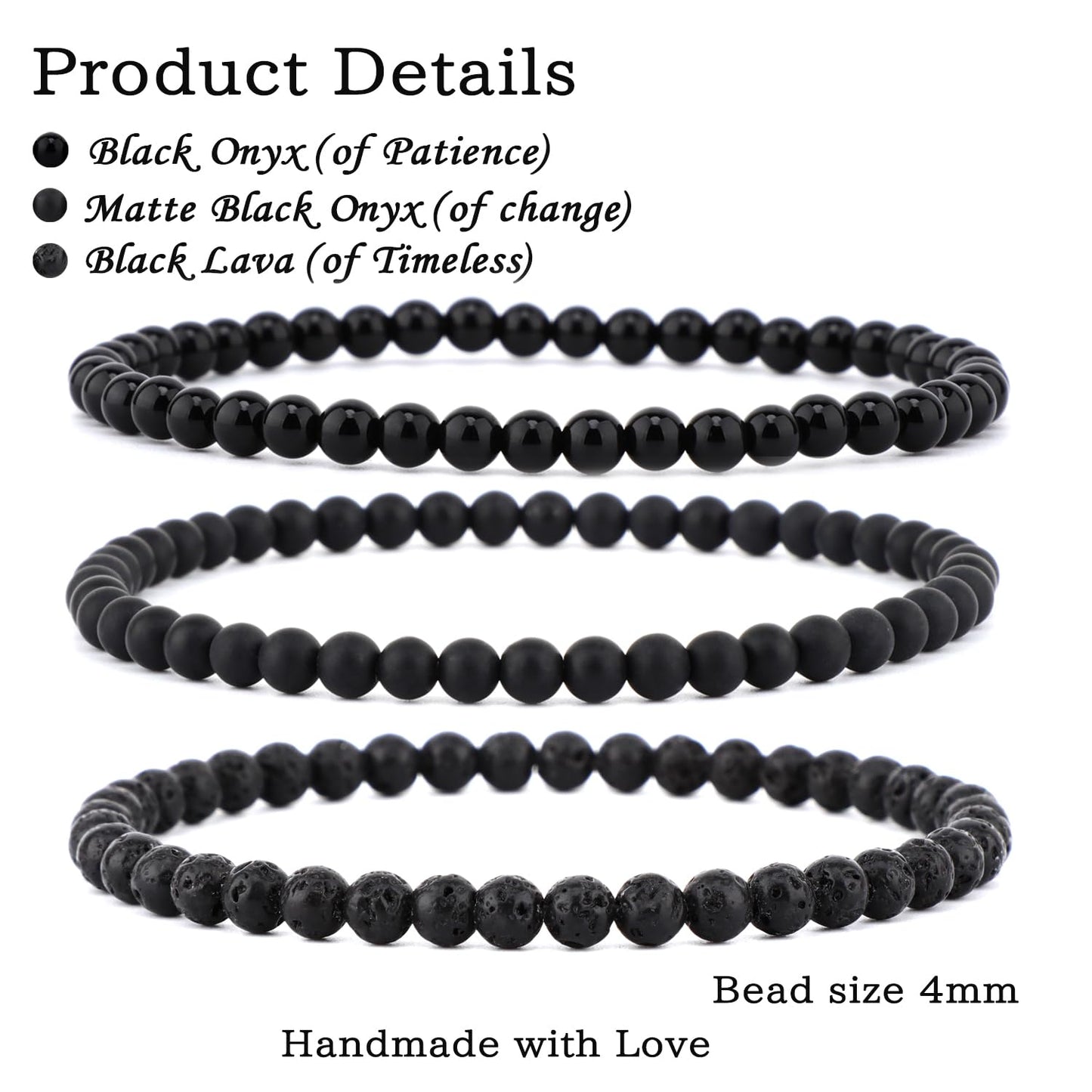 CMBYN 3-Pieces 4mm Natural Crystal Gemstone – ﻿Black Lava, Black Onyx, Matte Black Agate Handmade Reiki Energy Healing Stretch Bracelets Jewelry for Yoga, Meditation, Unisex