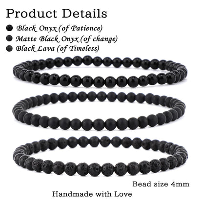 CMBYN 3-Pieces 4mm Natural Crystal Gemstone – ﻿Black Lava, Black Onyx, Matte Black Agate Handmade Reiki Energy Healing Stretch Bracelets Jewelry for Yoga, Meditation, Unisex