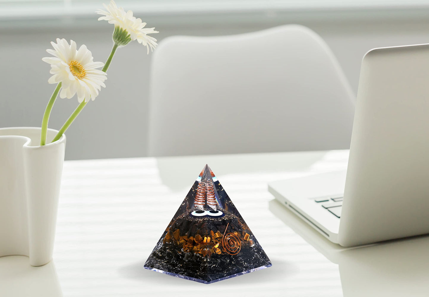 Amazing Gemstone Organite Orgone Pyramid Extra Large 95MM - Orgone Energy Pyramid with Evil Eye, Hematite, Tiger Eye,Black Obsidian Crystals&Healing Stone - Orgonite Pyramids Crystals&Positive Energy