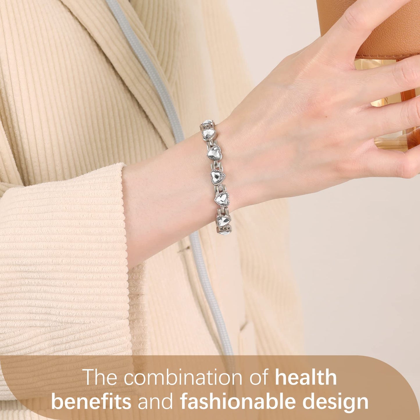 Feraco Magnetic Bracelet for Women Titanium Steel Magnetic Bracelet with Neodymium Magnets & Sparkling Crystals, Christmas Jewelry Gifts (Silver)