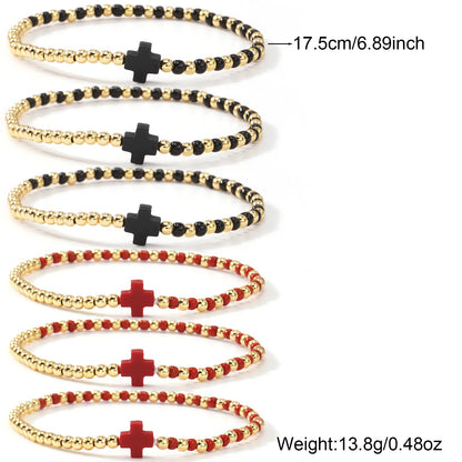 Bohxantium Gold Beaded Bracelets for Women Stackable Boho Gold Plated Red Black Seed Beads Ball Cross Bracelets Stack Elastic Stretch Trendy Jewelry Accessories Non Tarnish Friendship Christian Gift