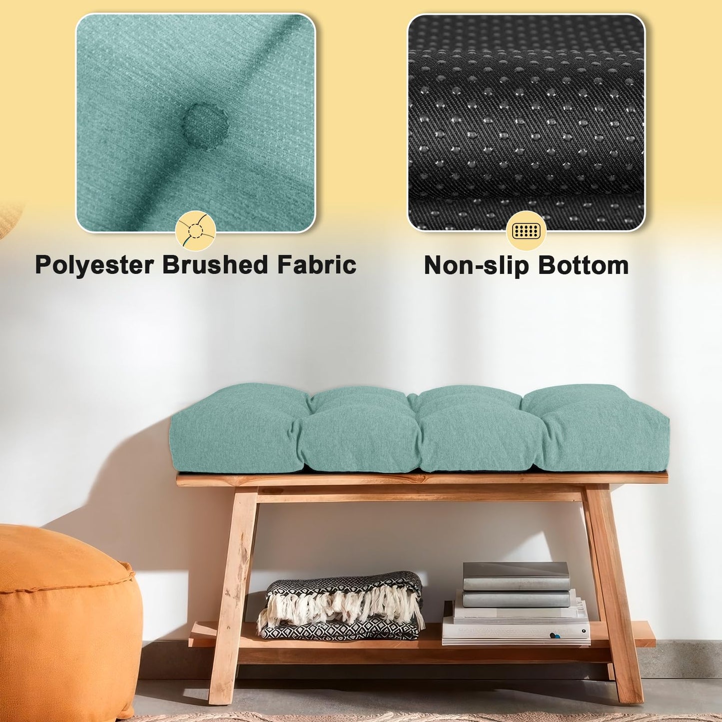 ROFIEJOX 45 Inch Bench Cushion with Non-Slip Bottom - High Density Foam Tufted Long Seat Pad for Indoor Window, Dining, Piano & Garden Furniture(Light Green, 45x18x4)