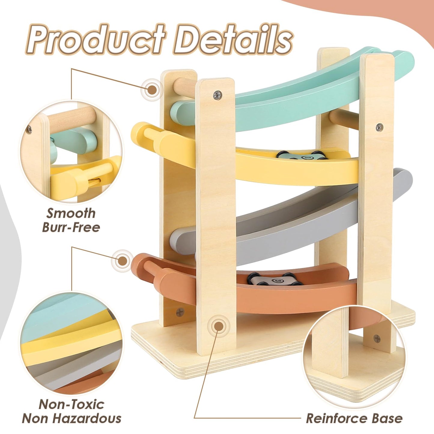 Joyreal Montessori Toddler Toys for 1 2 Year Old - 4 Level All-Wooden Car Ramp Racer Toys with 4 Mini Cars & Garages - Christmas Birthday Gifts for 1-3 Year Old Boys and Girls