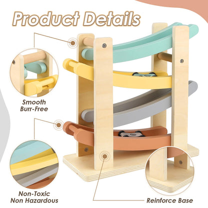 Joyreal Montessori Toddler Toys for 1 2 Year Old - 4 Level All-Wooden Car Ramp Racer Toys with 4 Mini Cars & Garages - Christmas Birthday Gifts for 1-3 Year Old Boys and Girls