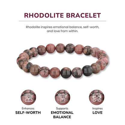 Crystal Vibe Rhodolite Crystal Bracelet for Love and Balance - 8mm Beaded Bracelet for Emotional Healing, Positivity and Protection -Chakra Bracelets Gifts for Women Men - Adjustable Size