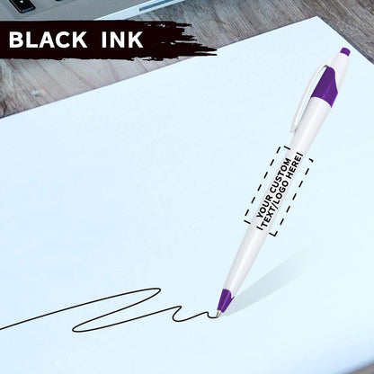 Personalized Ballpoint Pens Set of 10/50/100 by DISCOUNT PROMOS- Black Ink, Slim & Curvy Design, Retractable, Ideal for Office, Corporate Merchandise, Tradeshows- Purple