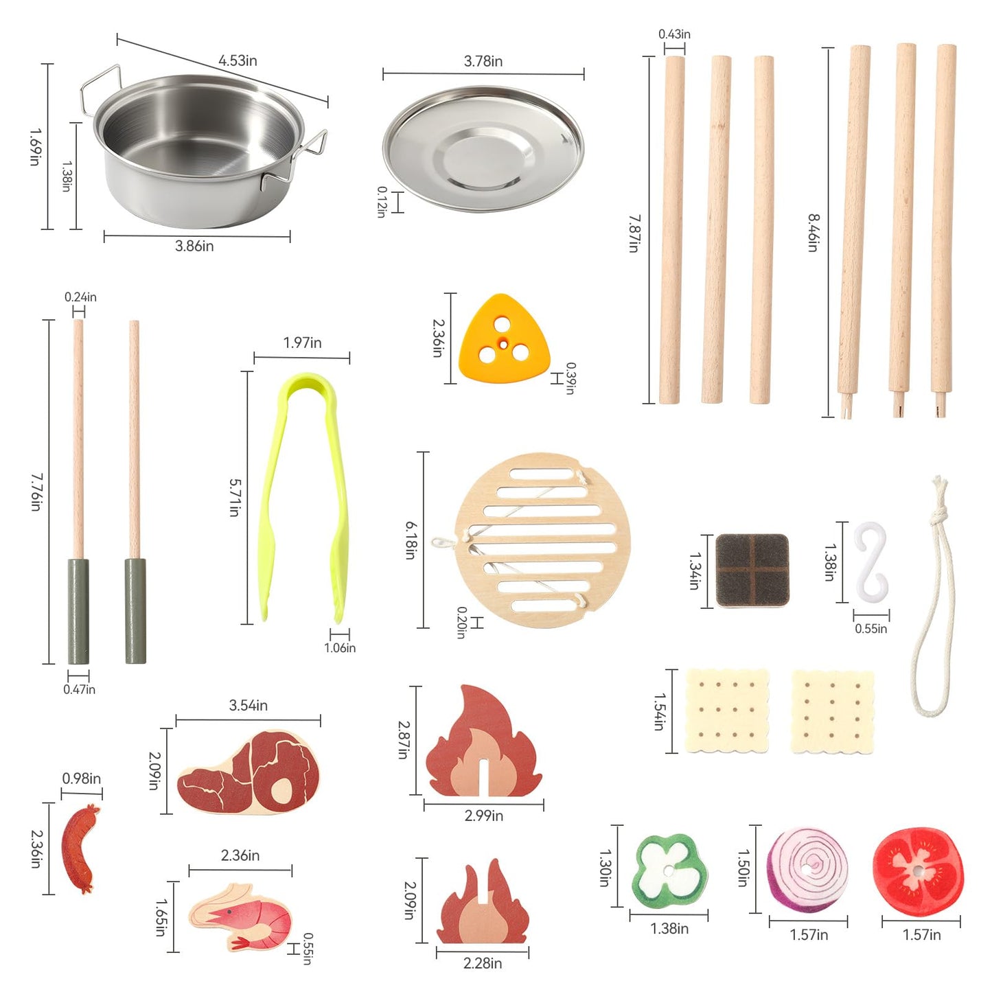 Wooden Kids Camping Toy Set, Campfire Cooking Play Set with Tripod Grill, S’Mores & Kebab Skewers, Montessori Pretend Camping Kitchen Gift for Toddlers Ages 3–6