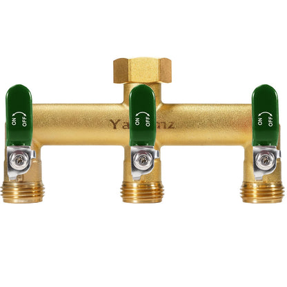 Yayamz Garden Hose Splitter, 3/4” Rust and Freeze Resistant Outdoor Hose Manifold with 3 green Extra Long Handles Faucet Adapter-Heavy Duty Brass 3-Way Valve