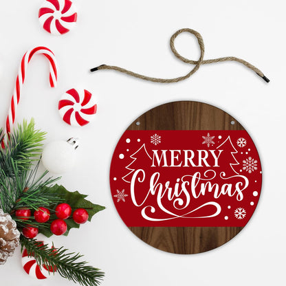 Merry Christmas Round Red Wooden Hanging Door Decor Sign - 8 Inch Christmas Door Hanger with Rope, Indoor/Outdoor Farmhouse Decor Supplies