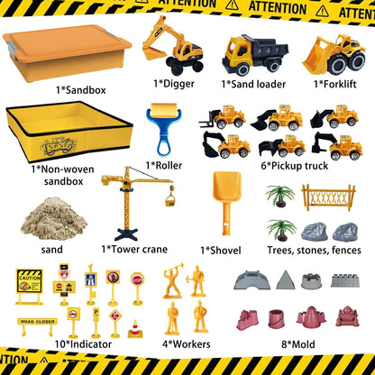 BEIREG Construction Sensory Sand Kit - 42 PCS Building Set with 2lbs Magic Sand, 9 Construction Trucks, Foldable Roof Sandbox, Cranes, Road Signs & Tools | STEM Gift for Boys Ages 3-8